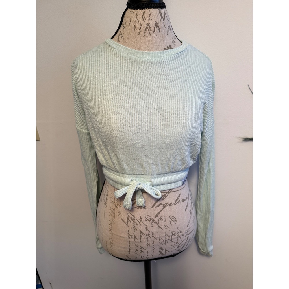 Gymshark Mint Green Ribbed Tie Front Long Sleeve Crop‎ Top Size S